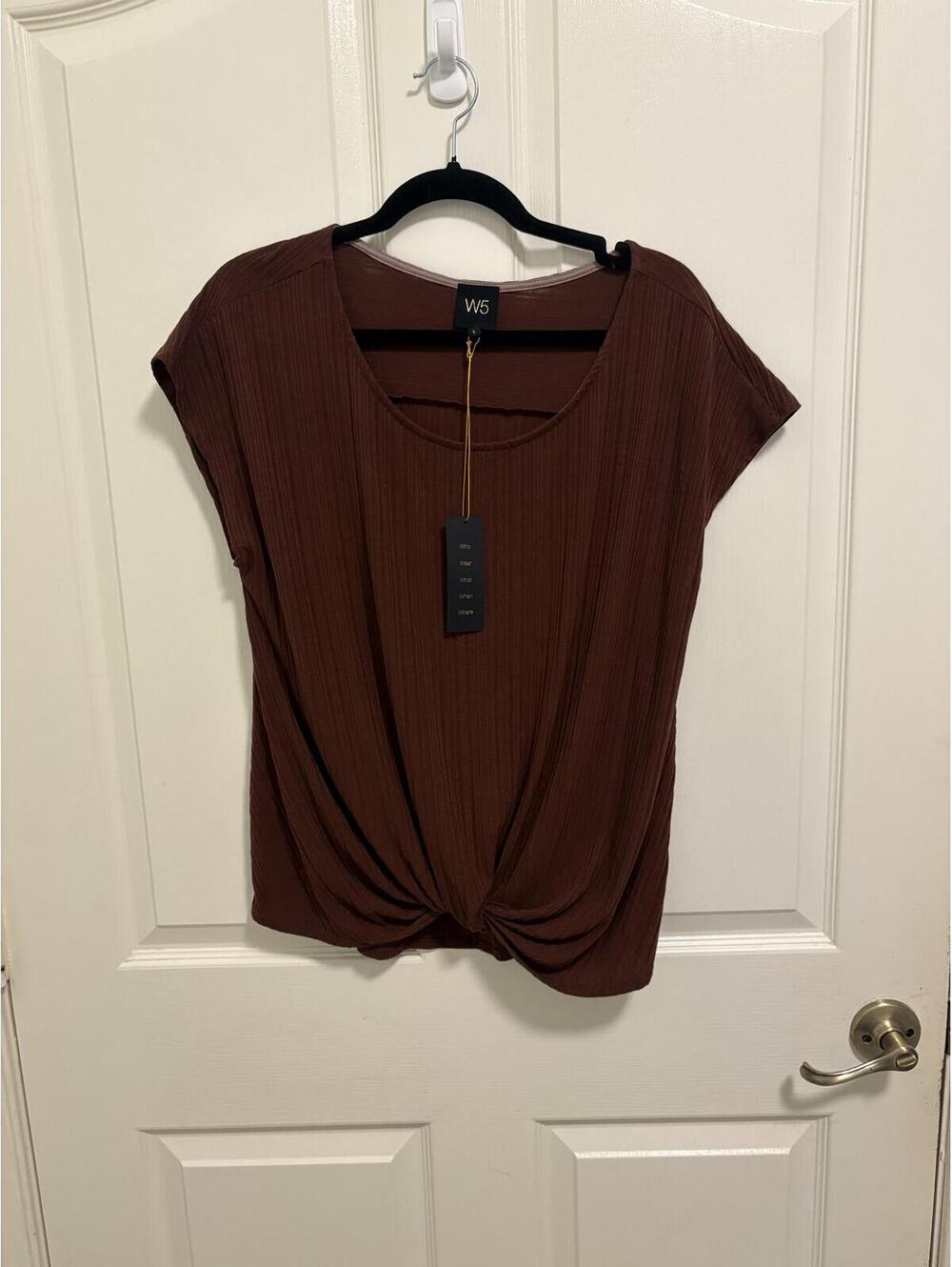 W5 Brown Ribbed Twist Front Short Sleeve Top Size Large